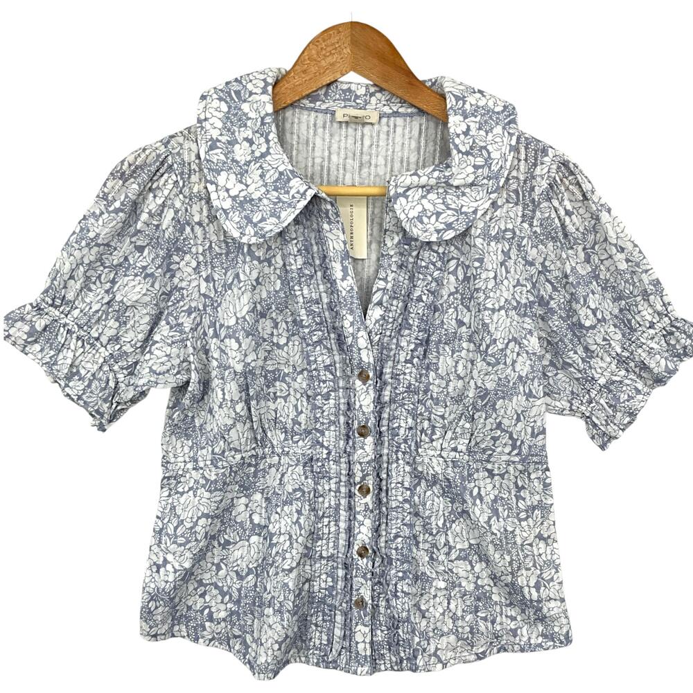 Pilcro Keira Waisted Tuxedo Blouse Womens Medium Blue Floral Puff Sleeve